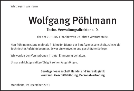 Traueranzeige von Wolfgang Pöhlmann von Allgemeine Zeitung Mainz