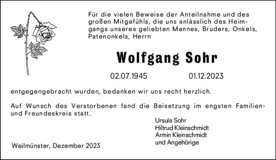 Traueranzeige von Wolfgang Sohr von Weilburger Tageblatt