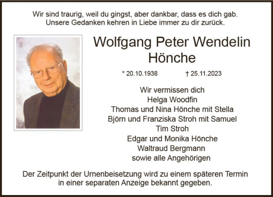 Traueranzeige von Wolfgang Peter Wendelin Hönche von Dieburger Anzeiger/Groß-Zimmerner Lokal-Anzeiger