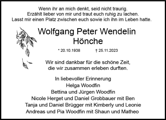 Traueranzeige von Wolfgang Peter Wendelin Hönche von Dieburger Anzeiger/Groß-Zimmerner Lokal-Anzeiger