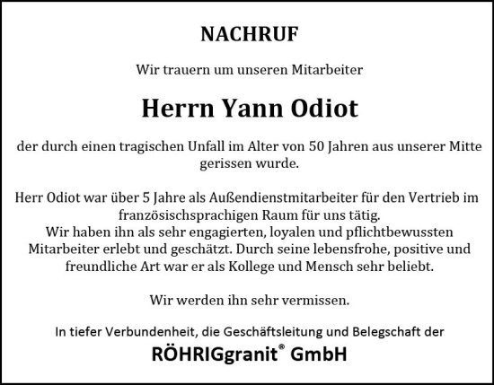 Traueranzeige von Yann Odiot von Bergsträßer Anzeiger