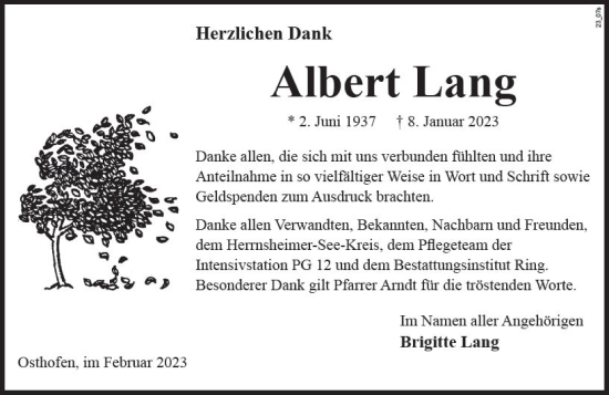 Traueranzeige von Albert Lang von Wormser Zeitung