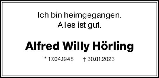 Traueranzeige von Alfred Willy Hörling von Wiesbadener Kurier gesamt
