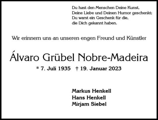 Traueranzeige von Alvaro Grübel Nobre-Madeira von Wiesbadener Kurier gesamt