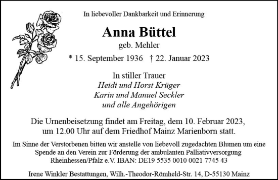 Traueranzeige von Anna Büttel von Allgemeine Zeitung Mainz