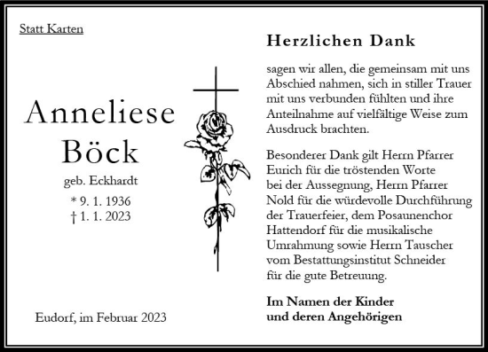 Traueranzeige von Anneliese Böck von OK Oberhessen Kurier