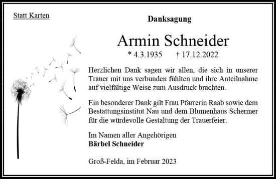 Traueranzeige von Armin Schneider von OK Oberhessen Kurier