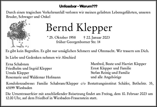 Traueranzeige von Bernd Klepper von Wiesbadener Kurier gesamt