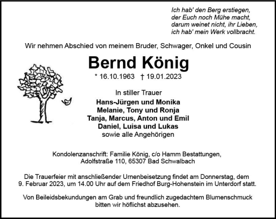 Traueranzeige von Bernd König von Wiesbadener Kurier gesamt