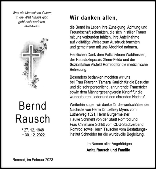 Traueranzeige von Bernd Rausch von VRM Trauer