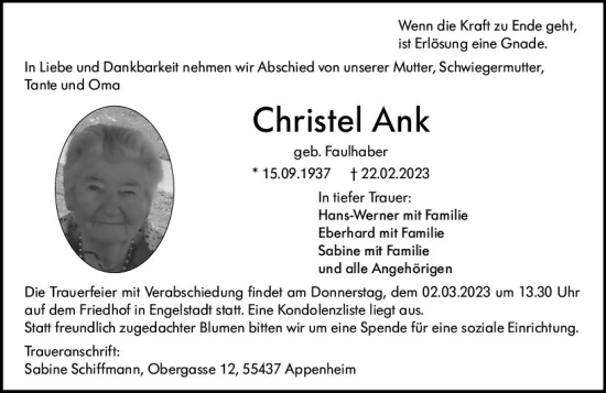 Traueranzeige von Christel Ank von Allgemeine Zeitung Bingen/Ingelheim
