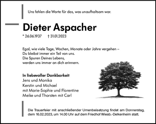 Traueranzeige von Dieter Aspacher von Wiesbadener Kurier gesamt