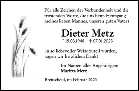 Traueranzeige von Dieter Metz von Dill Block