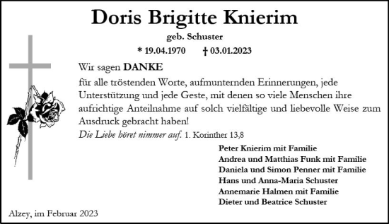 Traueranzeige von Doris Brigitte Knierim von Allgemeine Zeitung Alzey