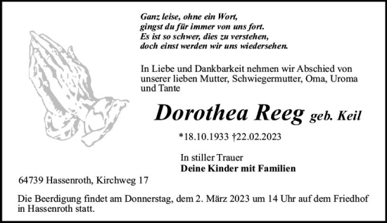 Traueranzeige von Dorothea Reeg von Odenwälder Echo