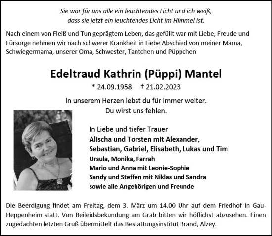 Traueranzeige von Edeltraud Kathrin Mantel von Allgemeine Zeitung Alzey