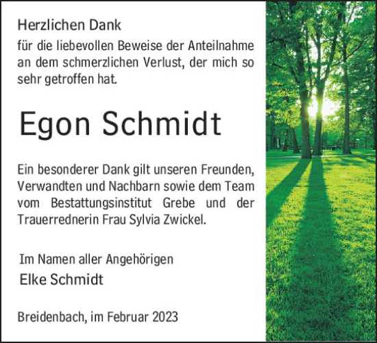 Traueranzeige von Egon Schmidt von Hinterländer Anzeiger