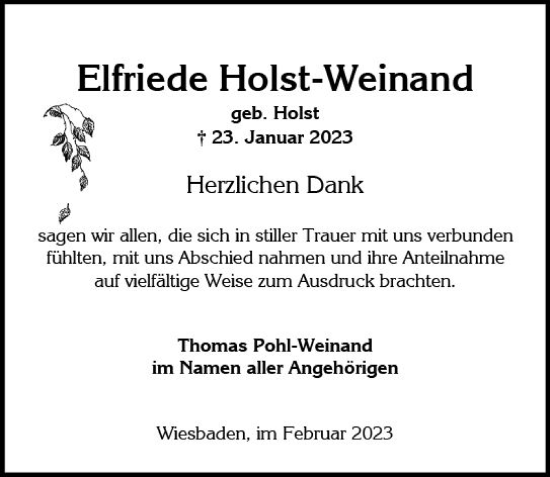 Traueranzeige von Elfriede Holst-Weinand von Wiesbadener Kurier