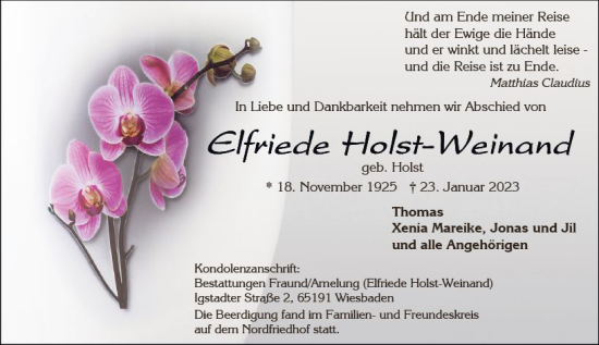 Traueranzeige von Elfriede Holst-Weinand von Wiesbadener Kurier gesamt