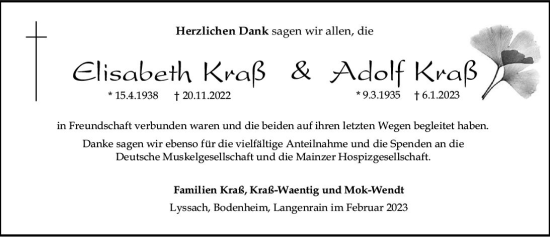 Traueranzeige von Elisabeth Kraß von Allgemeine Zeitung Bingen/Ingelheim