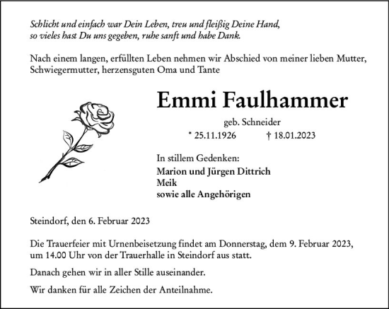 Traueranzeige von Emmi Faulhammer von Wetzlarer Neue Zeitung