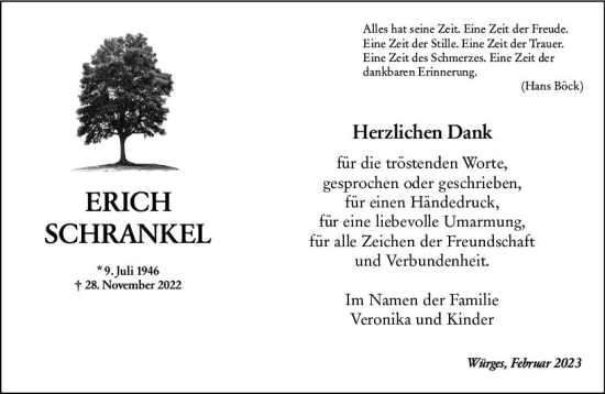 Traueranzeige von Erich Schrankel von Camberger Anzeiger
