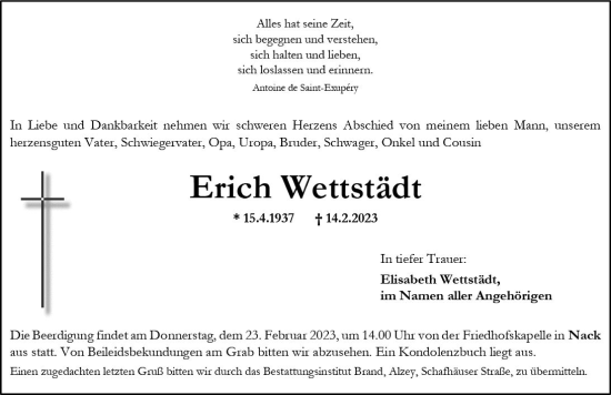 Traueranzeige von Erich Wettstädt von Allgemeine Zeitung Alzey