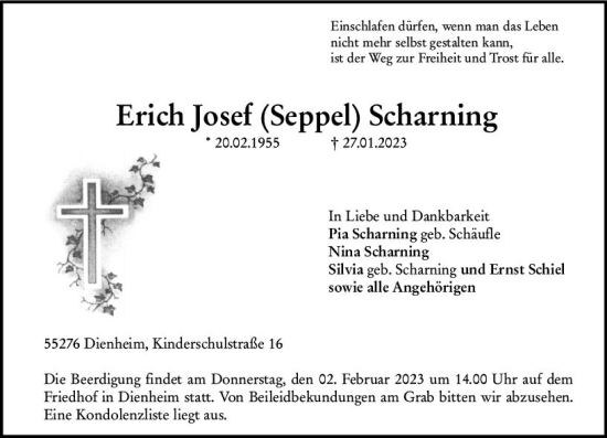 Traueranzeige von Erich Josef Scharning von Allgemeine Zeitung Mainz