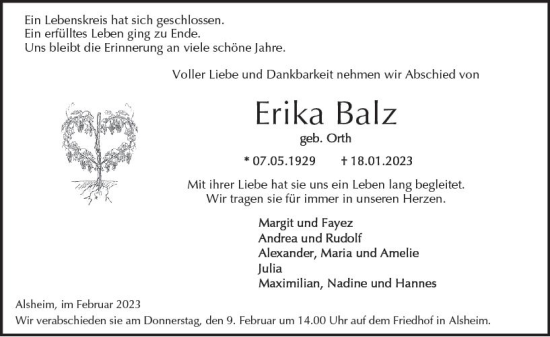 Traueranzeige von Erika Balz von Wormser Zeitung