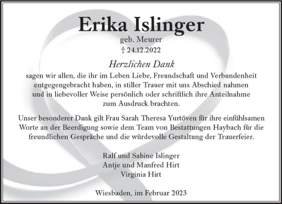 Traueranzeige von Erika Islinger von Wiesbadener Kurier gesamt