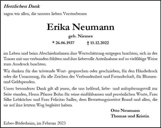 Traueranzeige von Erika Neumann von Allgemeine Zeitung Alzey