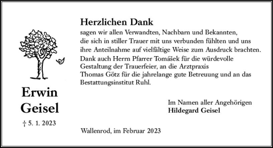 Traueranzeige von Erwin Geisel von VRM Trauer