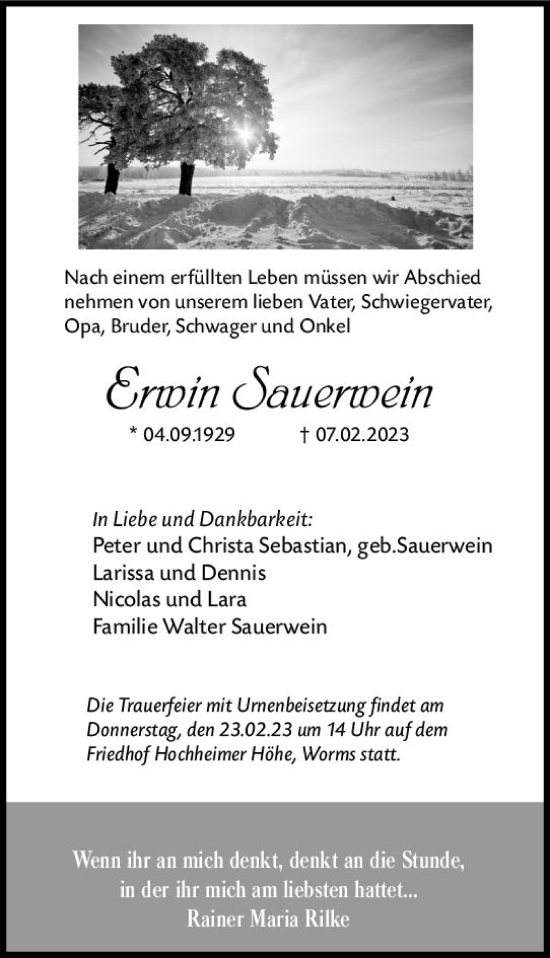 Traueranzeige von Erwin Sauerwein von Wormser Zeitung