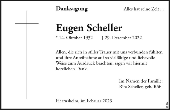 Traueranzeige von Eugen Scheller von Wormser Zeitung