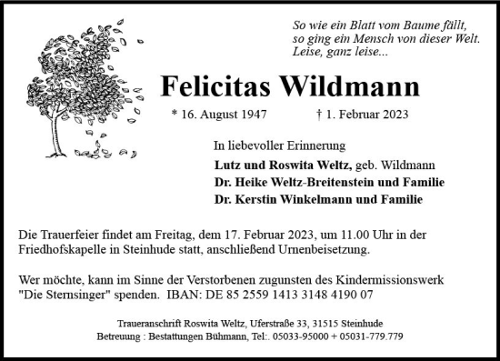Traueranzeige von Felicitas Wildmann von Allgemeine Zeitung Alzey