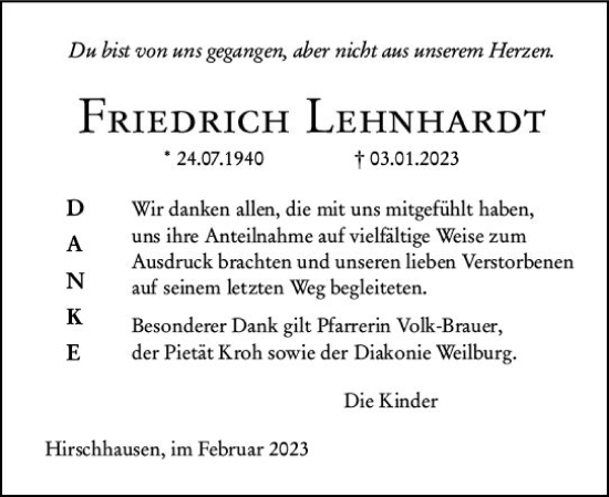 Traueranzeige von Friedrich Lehnhardt von Weilburger Tageblatt