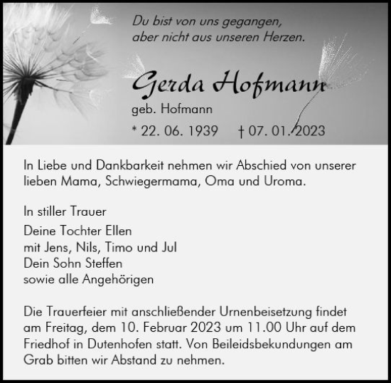 Traueranzeige von Gerda Hofmann von Wetzlarer Neue Zeitung