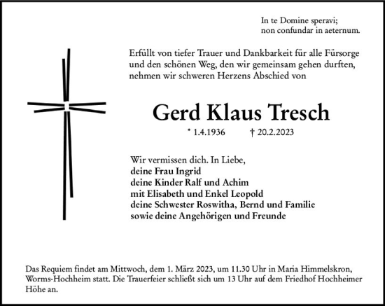 Traueranzeige von Gerd Klaus Tresch von Wormser Zeitung
