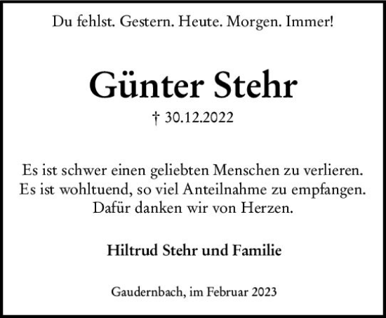 Traueranzeige von Günter Stehr von Weilburger Tageblatt
