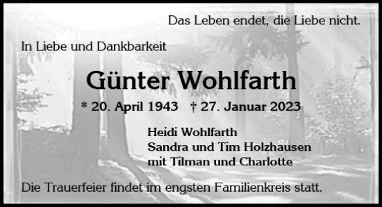 Traueranzeige von Günter Wohlfarth von Wiesbadener Kurier gesamt