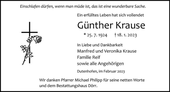 Traueranzeige von Günther Krause von Wetzlarer Neue Zeitung
