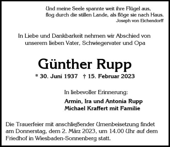 Traueranzeige von Günther Rupp von Wiesbadener Kurier