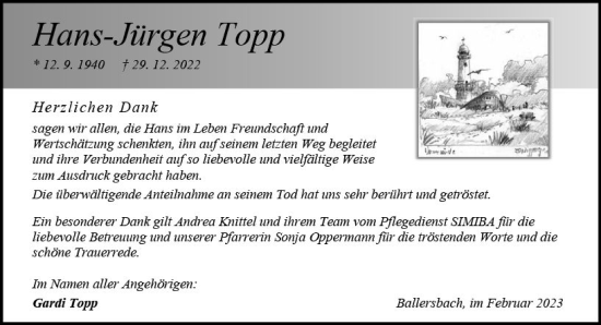 Traueranzeige von Hans-Jürgen Topp von Dill Block
