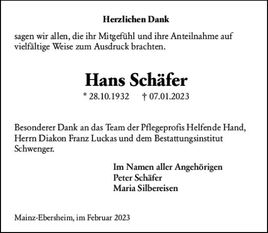 Traueranzeige von Hans Schäfer von Allgemeine Zeitung Mainz