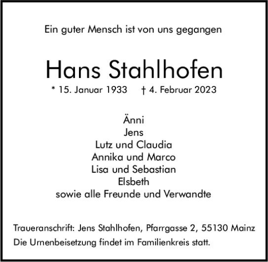 Traueranzeige von Hans Stahlhofen von Allgemeine Zeitung Mainz