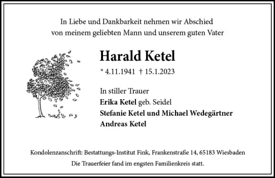 Traueranzeige von Harald Ketel von Wiesbadener Kurier gesamt