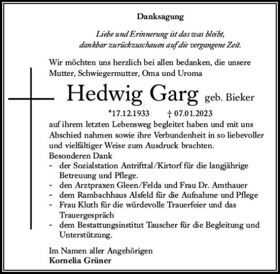 Traueranzeige von Hedwig Garg von VRM Trauer