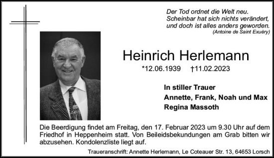 Traueranzeige von Heinrich Herlemann von Starkenburger Echo