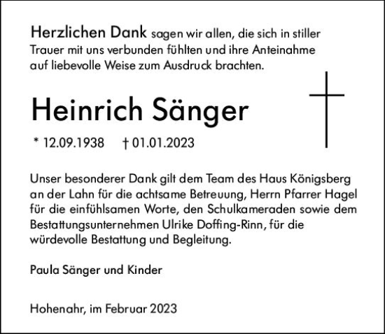 Traueranzeige von Heinrich Sänger von Wetzlarer Neue Zeitung