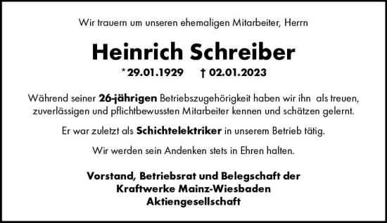 Traueranzeige von Heinrich Schreiber von Allgemeine Zeitung Mainz